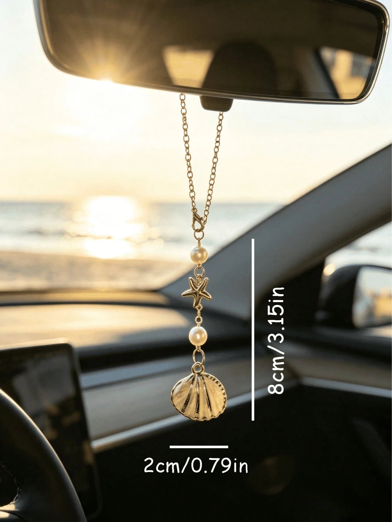 1pc Bohemian Style Ocean Shell Starfish Pearl Car Rearview Mirror Hanging Ornament, 6 Styles Beach Theme Metal Car Interior Pendant, Vehicle Windshield Decoration