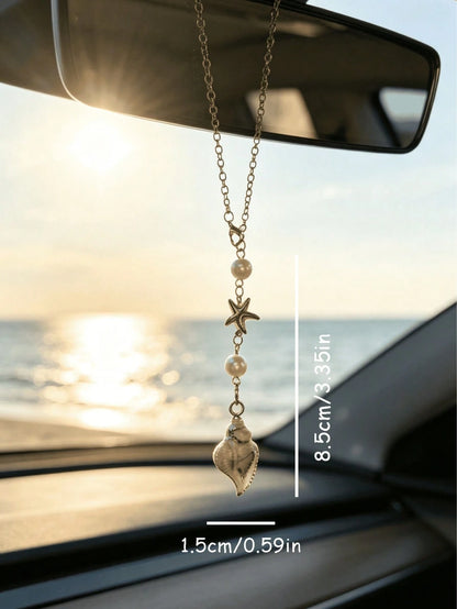 1pc Bohemian Style Ocean Shell Starfish Pearl Car Rearview Mirror Hanging Ornament, 6 Styles Beach Theme Metal Car Interior Pendant, Vehicle Windshield Decoration