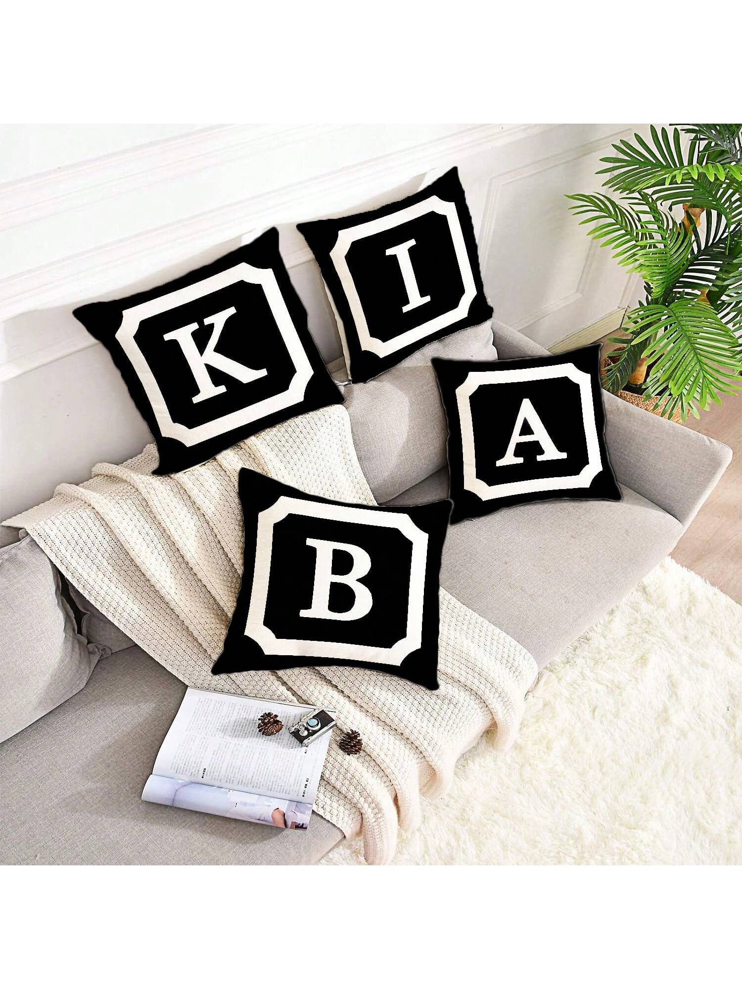 1pc Border & Letter Pattern Decor Pillow Cover, Modern Simple Design With 26 English Letters, Made Of Peach Skin Fabric, Single Side Printed By Heat Transfer Printing, Hidden Zipper Closure, Suitable
