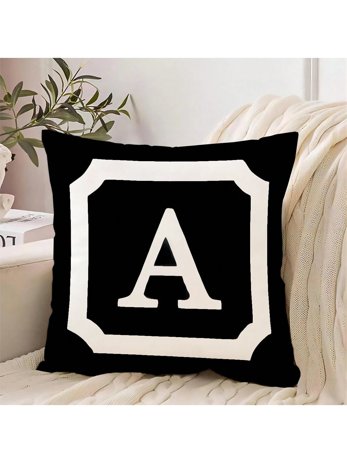 1pc Border & Letter Pattern Decor Pillow Cover, Modern Simple Design With 26 English Letters, Made Of Peach Skin Fabric, Single Side Printed By Heat Transfer Printing, Hidden Zipper Closure, Suitable