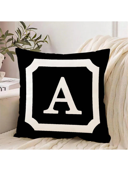 1pc Border & Letter Pattern Decor Pillow Cover, Modern Simple Design With 26 English Letters, Made Of Peach Skin Fabric, Single Side Printed By Heat Transfer Printing, Hidden Zipper Closure, Suitable