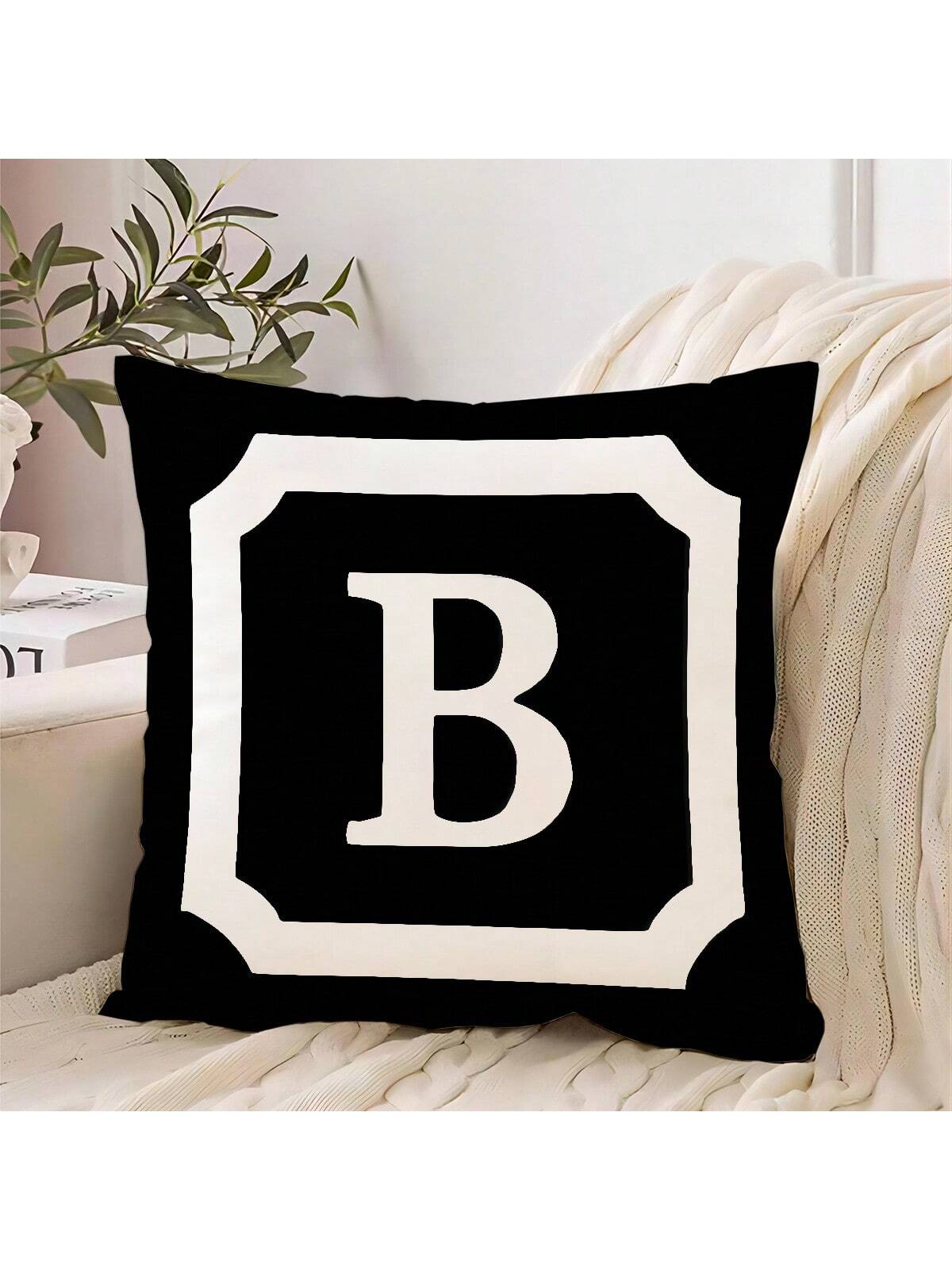 1pc Border & Letter Pattern Decor Pillow Cover, Modern Simple Design With 26 English Letters, Made Of Peach Skin Fabric, Single Side Printed By Heat Transfer Printing, Hidden Zipper Closure, Suitable