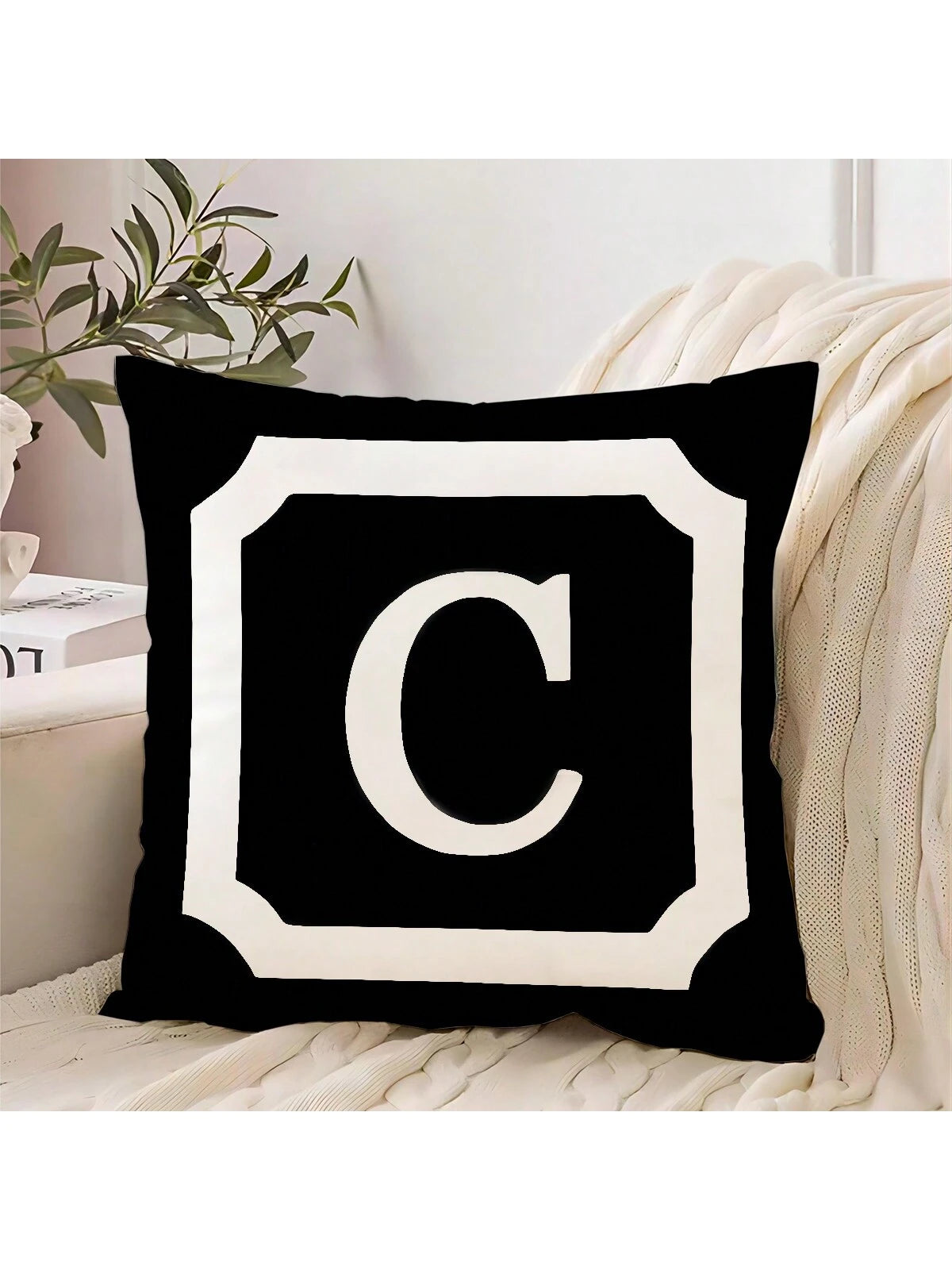 1pc Border & Letter Pattern Decor Pillow Cover, Modern Simple Design With 26 English Letters, Made Of Peach Skin Fabric, Single Side Printed By Heat Transfer Printing, Hidden Zipper Closure, Suitable