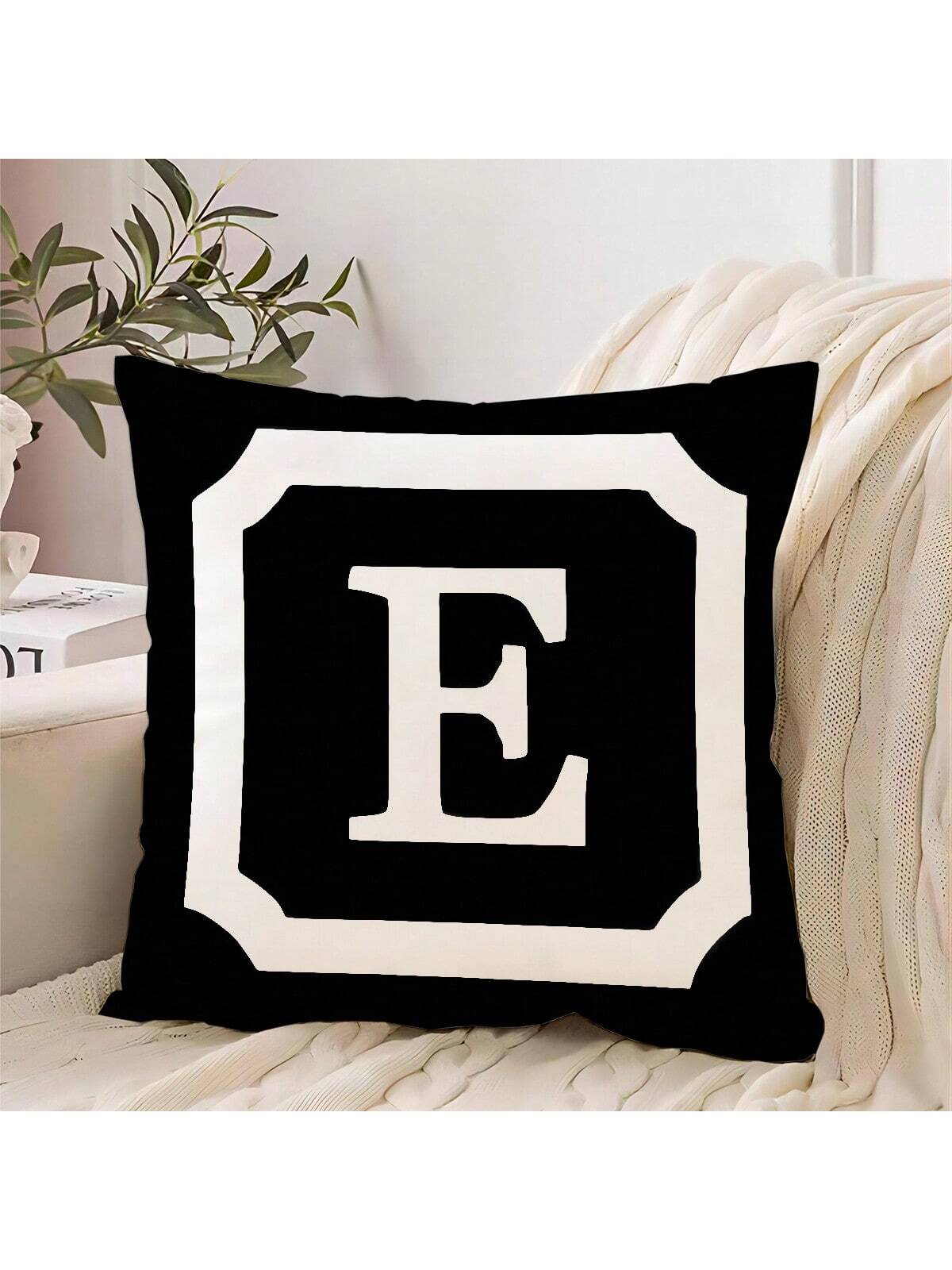 1pc Border & Letter Pattern Decor Pillow Cover, Modern Simple Design With 26 English Letters, Made Of Peach Skin Fabric, Single Side Printed By Heat Transfer Printing, Hidden Zipper Closure, Suitable