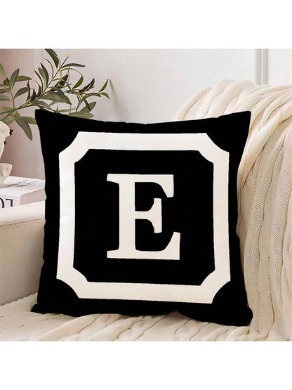 1pc Border & Letter Pattern Decor Pillow Cover, Modern Simple Design With 26 English Letters, Made Of Peach Skin Fabric, Single Side Printed By Heat Transfer Printing, Hidden Zipper Closure, Suitable