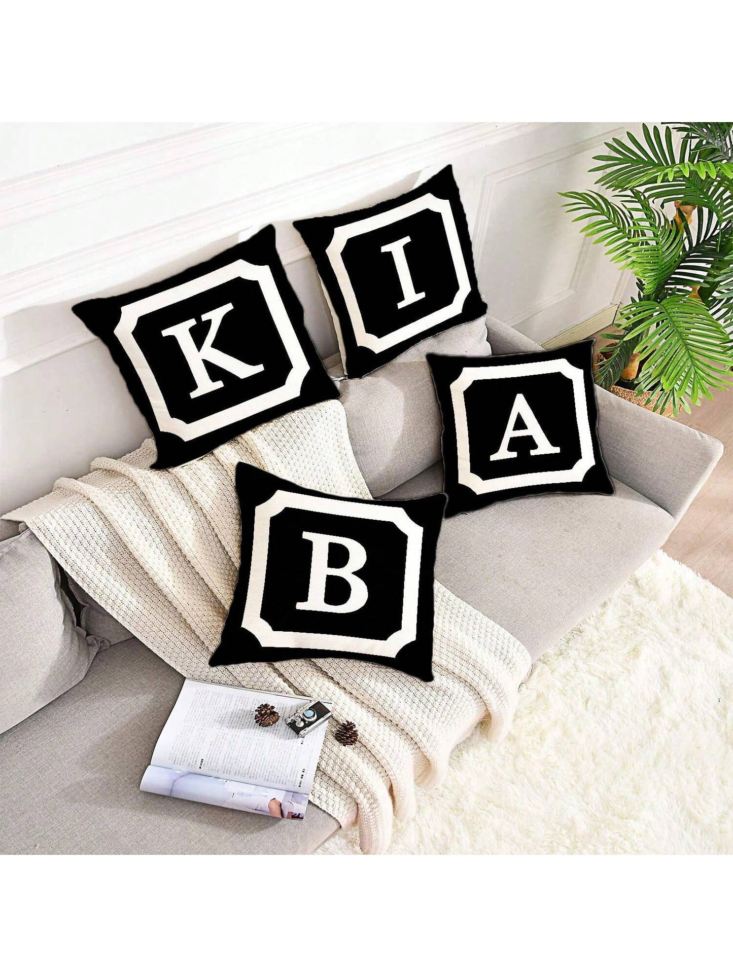 1pc Border & Letter Pattern Decor Pillow Cover, Modern Simple Design With 26 English Letters, Made Of Peach Skin Fabric, Single Side Printed By Heat Transfer Printing, Hidden Zipper Closure, Suitable