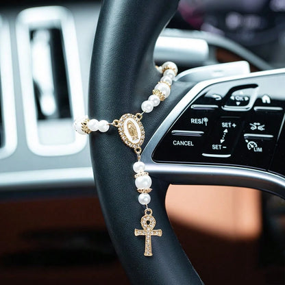 1pc Car Rearview Mirror Hanging Cross Blessing Rosary, Catholic Beaded Car Medal, Suitable For Truck, Motorcycle Interior Decoration, Rearview Mirror Pendant, Handbag Charm And Women's Bracelet, Relig