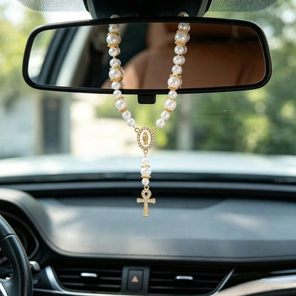 1pc Car Rearview Mirror Hanging Cross Blessing Rosary, Catholic Beaded Car Medal, Suitable For Truck, Motorcycle Interior Decoration, Rearview Mirror Pendant, Handbag Charm And Women's Bracelet, Relig