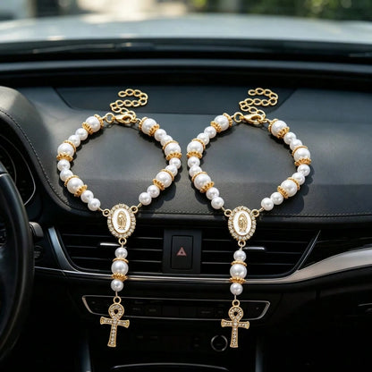 1pc Car Rearview Mirror Hanging Cross Blessing Rosary, Catholic Beaded Car Medal, Suitable For Truck, Motorcycle Interior Decoration, Rearview Mirror Pendant, Handbag Charm And Women's Bracelet, Relig