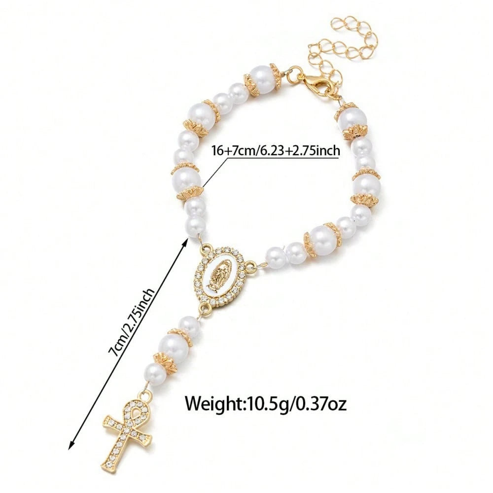 1pc Car Rearview Mirror Hanging Cross Blessing Rosary, Catholic Beaded Car Medal, Suitable For Truck, Motorcycle Interior Decoration, Rearview Mirror Pendant, Handbag Charm And Women's Bracelet, Relig