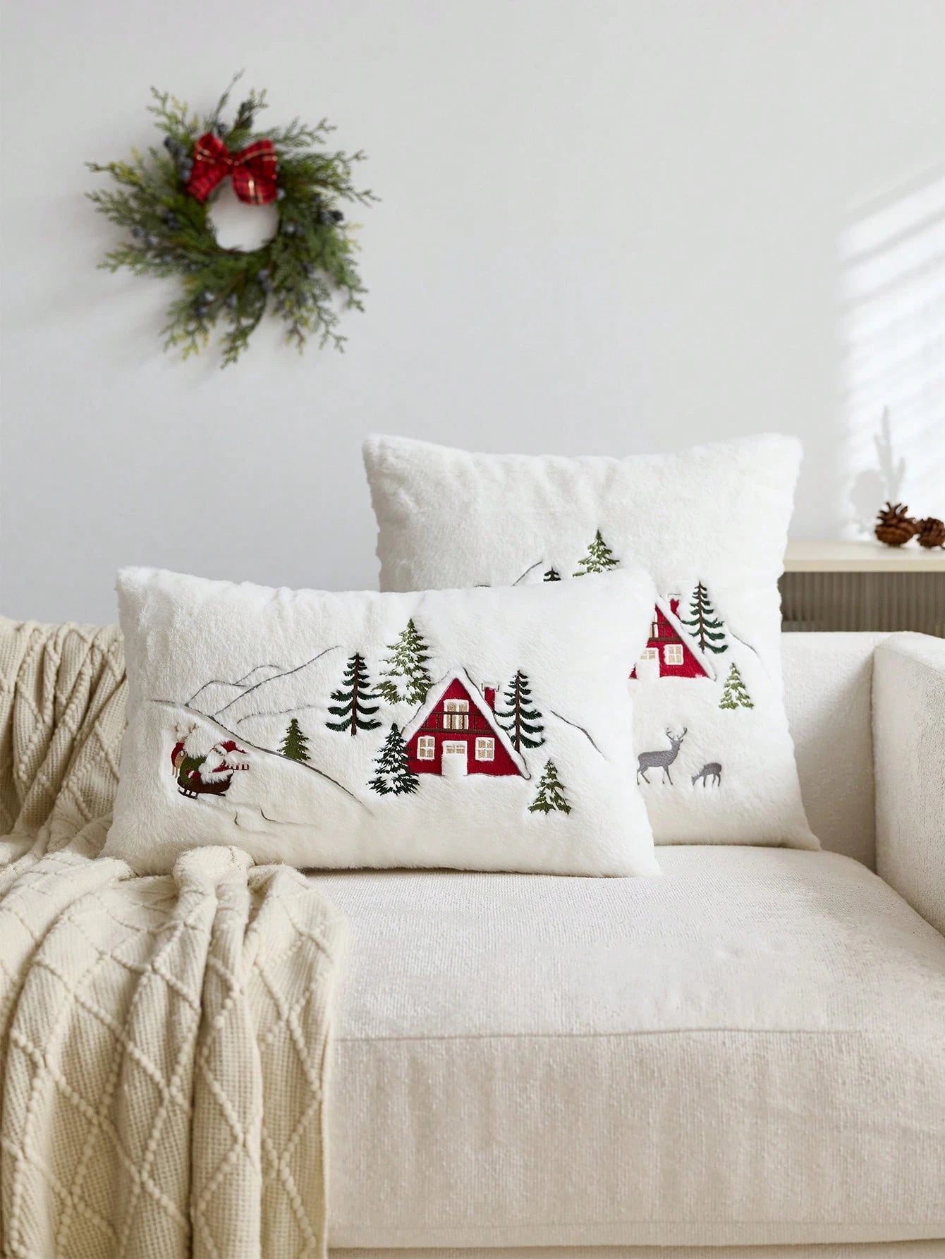 1pc Christmas Santa Claus Red House & Christmas Tree Embroidered Cushion Cover, Suitable For Indoor Decoration, Christmas Decorative Pillow Cover, Pillow Insert Not Included