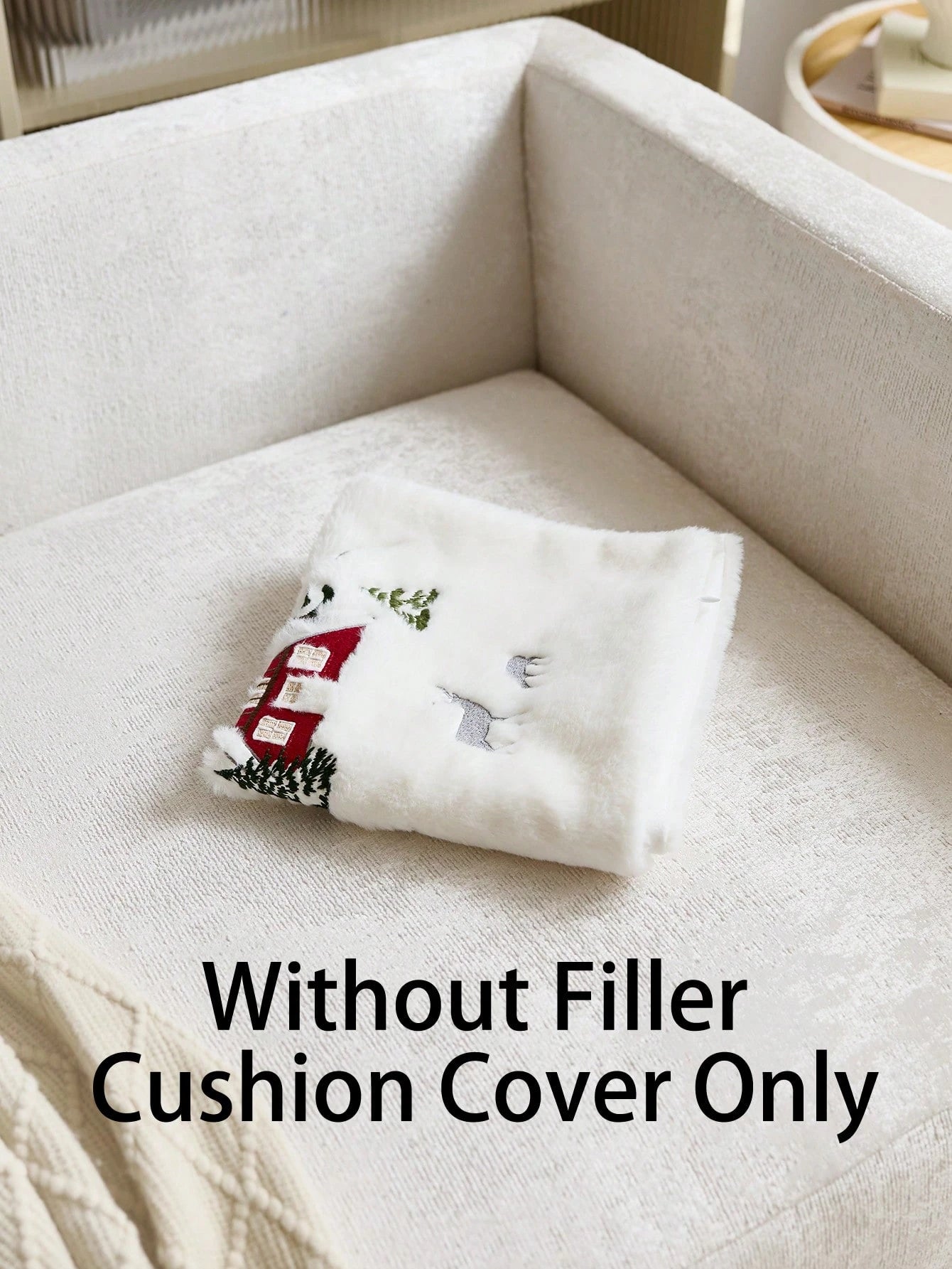 1pc Christmas Santa Claus Red House & Christmas Tree Embroidered Cushion Cover, Suitable For Indoor Decoration, Christmas Decorative Pillow Cover, Pillow Insert Not Included