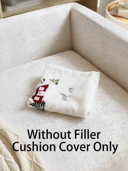 1pc Christmas Santa Claus Red House & Christmas Tree Embroidered Cushion Cover, Suitable For Indoor Decoration, Christmas Decorative Pillow Cover, Pillow Insert Not Included