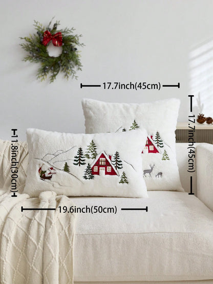 1pc Christmas Santa Claus Red House & Christmas Tree Embroidered Cushion Cover, Suitable For Indoor Decoration, Christmas Decorative Pillow Cover, Pillow Insert Not Included