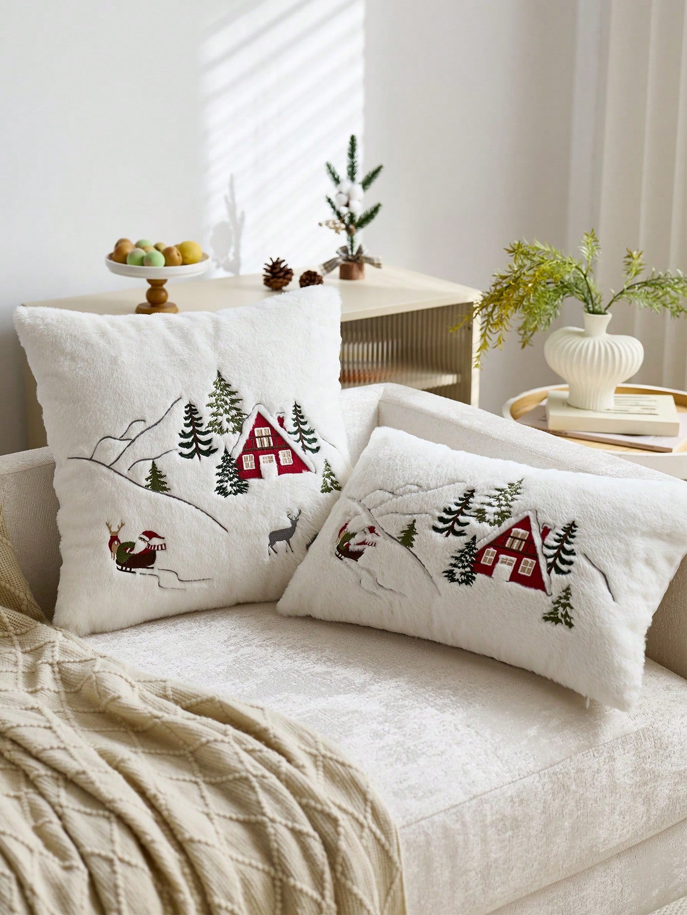 1pc Christmas Santa Claus Red House & Christmas Tree Embroidered Cushion Cover, Suitable For Indoor Decoration, Christmas Decorative Pillow Cover, Pillow Insert Not Included
