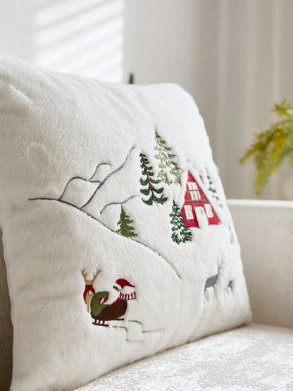 1pc Christmas Santa Claus Red House & Christmas Tree Embroidered Cushion Cover, Suitable For Indoor Decoration, Christmas Decorative Pillow Cover, Pillow Insert Not Included