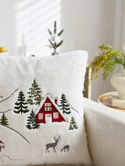 1pc Christmas Santa Claus Red House & Christmas Tree Embroidered Cushion Cover, Suitable For Indoor Decoration, Christmas Decorative Pillow Cover, Pillow Insert Not Included