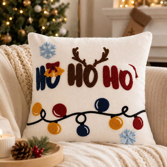 1pc Christmas Tufted Embroidery Pillow Case, 18x18 Inch Soft Plush HO HO HO Reindeer Holiday Cushion Cover, Festive Winter Home Decor, Suitable For Sofa Bed, Hidden Zipper, Without Insert