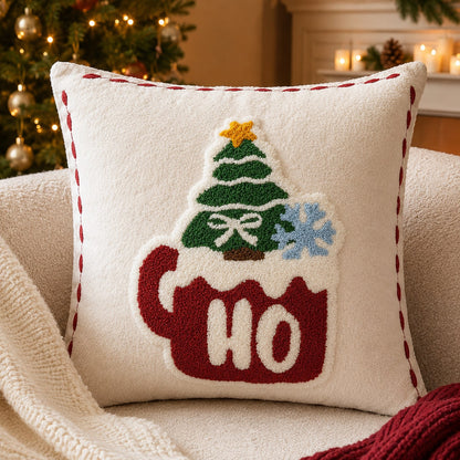 1pc Christmas Tufted Embroidery Pillow Case, 18x18 Inch Soft Plush HO HO HO Reindeer Holiday Cushion Cover, Festive Winter Home Decor, Suitable For Sofa Bed, Hidden Zipper, Without Insert