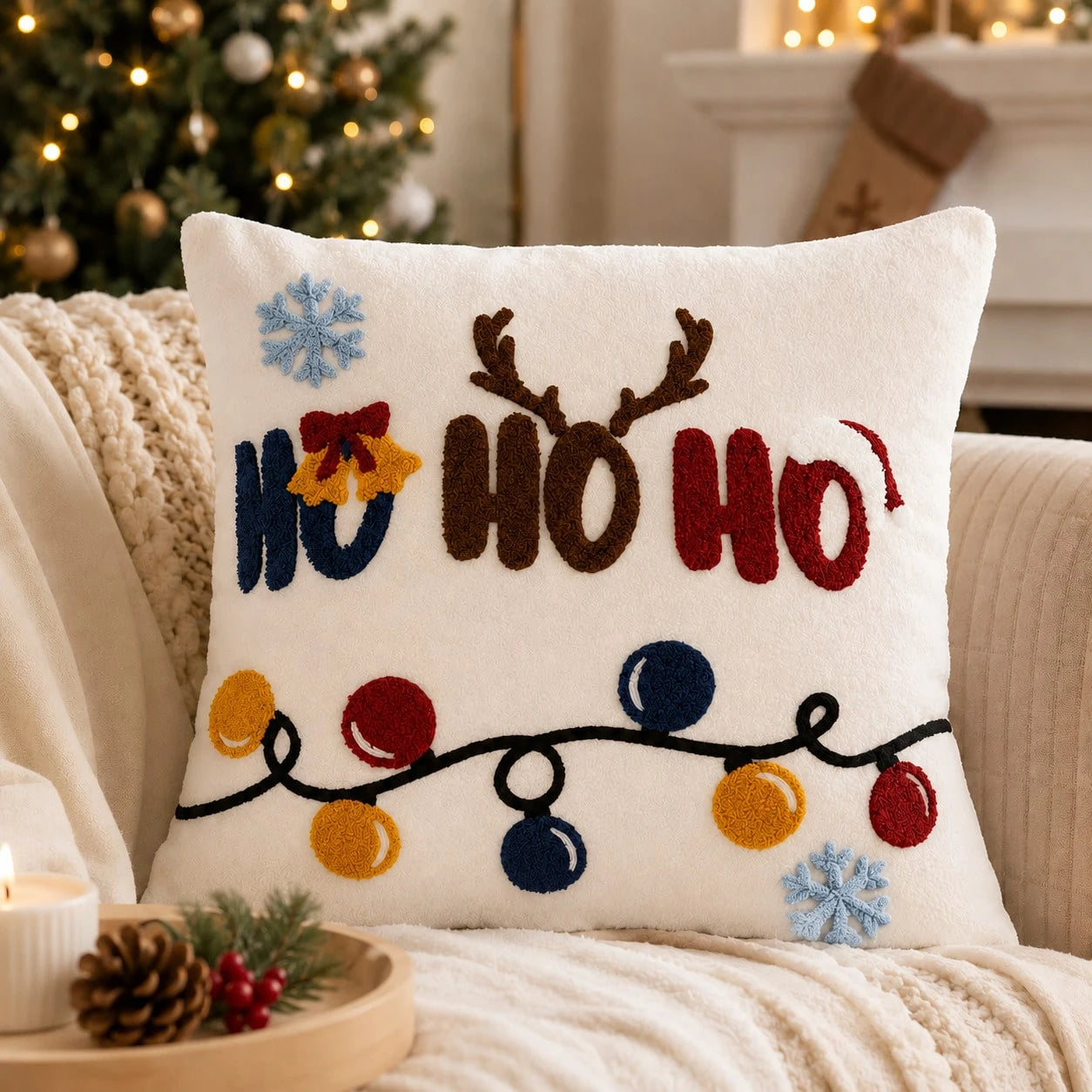 1pc Christmas Tufted Embroidery Pillow Case, 18x18 Inch Soft Plush HO HO HO Reindeer Holiday Cushion Cover, Festive Winter Home Decor, Suitable For Sofa Bed, Hidden Zipper, Without Insert