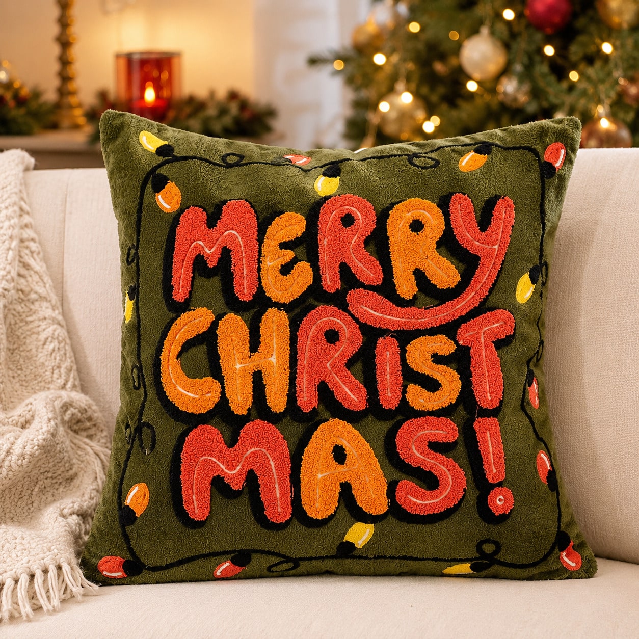 1pc Christmas Tufted Embroidery Pillow Case, 18x18 Inch Soft Plush HO HO HO Reindeer Holiday Cushion Cover, Festive Winter Home Decor, Suitable For Sofa Bed, Hidden Zipper, Without Insert