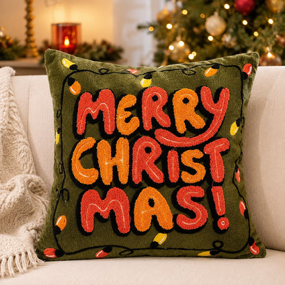1pc Christmas Tufted Embroidery Pillow Case, 18x18 Inch Soft Plush HO HO HO Reindeer Holiday Cushion Cover, Festive Winter Home Decor, Suitable For Sofa Bed, Hidden Zipper, Without Insert
