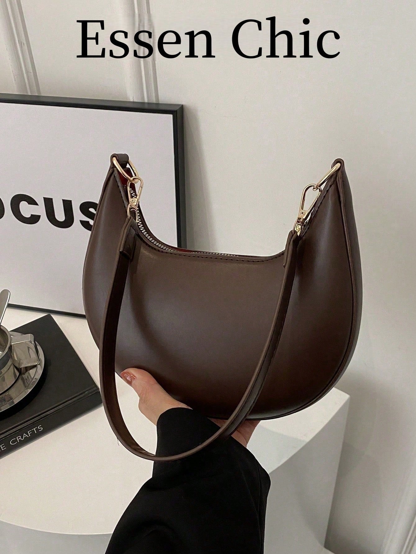 1pc Coffee Brown Crescent-Shaped PU Leather Shoulder Bag, Fashion Simple Solid Color Women Underarm Bag, Autumn/Winter, Old Money