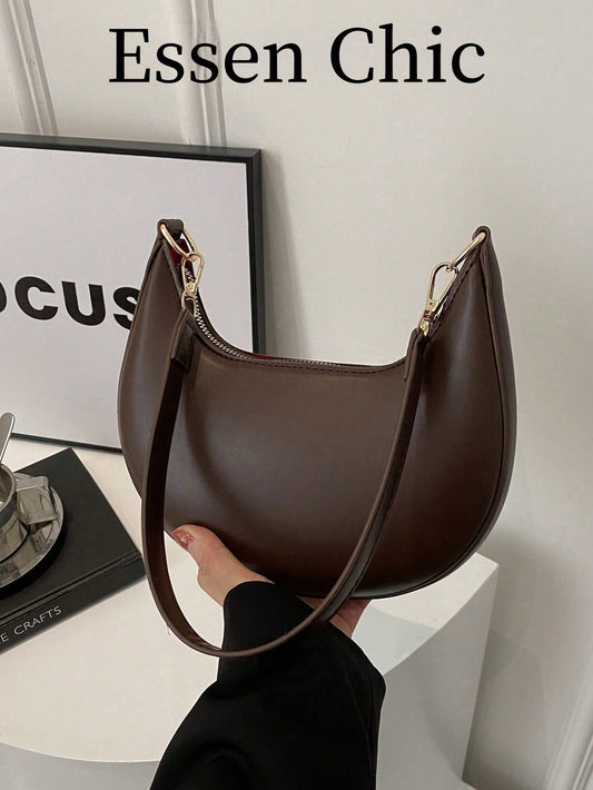 1pc Coffee Brown Crescent-Shaped PU Leather Shoulder Bag, Fashion Simple Solid Color Women Underarm Bag, Autumn/Winter, Old Money