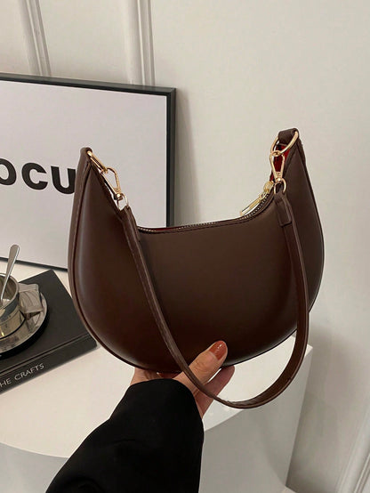 1pc Coffee Brown Crescent-Shaped PU Leather Shoulder Bag, Fashion Simple Solid Color Women Underarm Bag, Autumn/Winter, Old Money