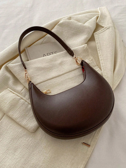 1pc Coffee Brown Crescent-Shaped PU Leather Shoulder Bag, Fashion Simple Solid Color Women Underarm Bag, Autumn/Winter, Old Money