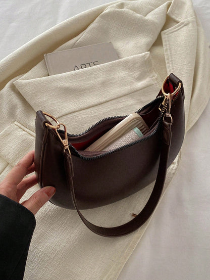 1pc Coffee Brown Crescent-Shaped PU Leather Shoulder Bag, Fashion Simple Solid Color Women Underarm Bag, Autumn/Winter, Old Money