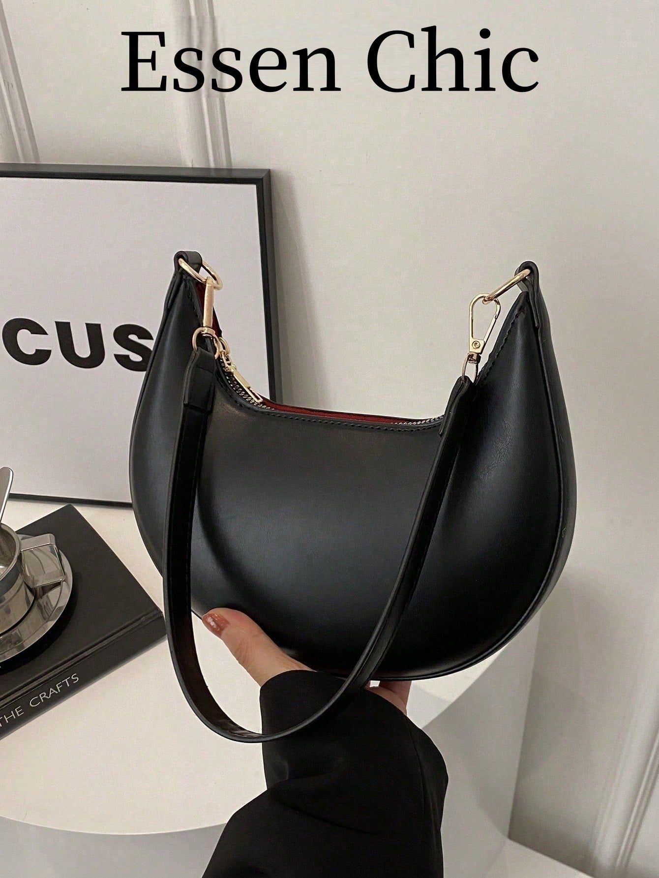 1pc Coffee Brown Crescent-Shaped PU Leather Shoulder Bag, Fashion Simple Solid Color Women Underarm Bag, Autumn/Winter, Old Money