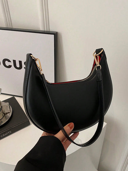1pc Coffee Brown Crescent-Shaped PU Leather Shoulder Bag, Fashion Simple Solid Color Women Underarm Bag, Autumn/Winter, Old Money