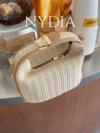 1PC Cream Herringbone Straw Woven Mini Handbag, Light Brown Leather Trim, Metal Square Buckle Flap + Built-In Zipper Compartment, Side Metal Ring For Crossbody Strap, French Vacation Style Woven Stora