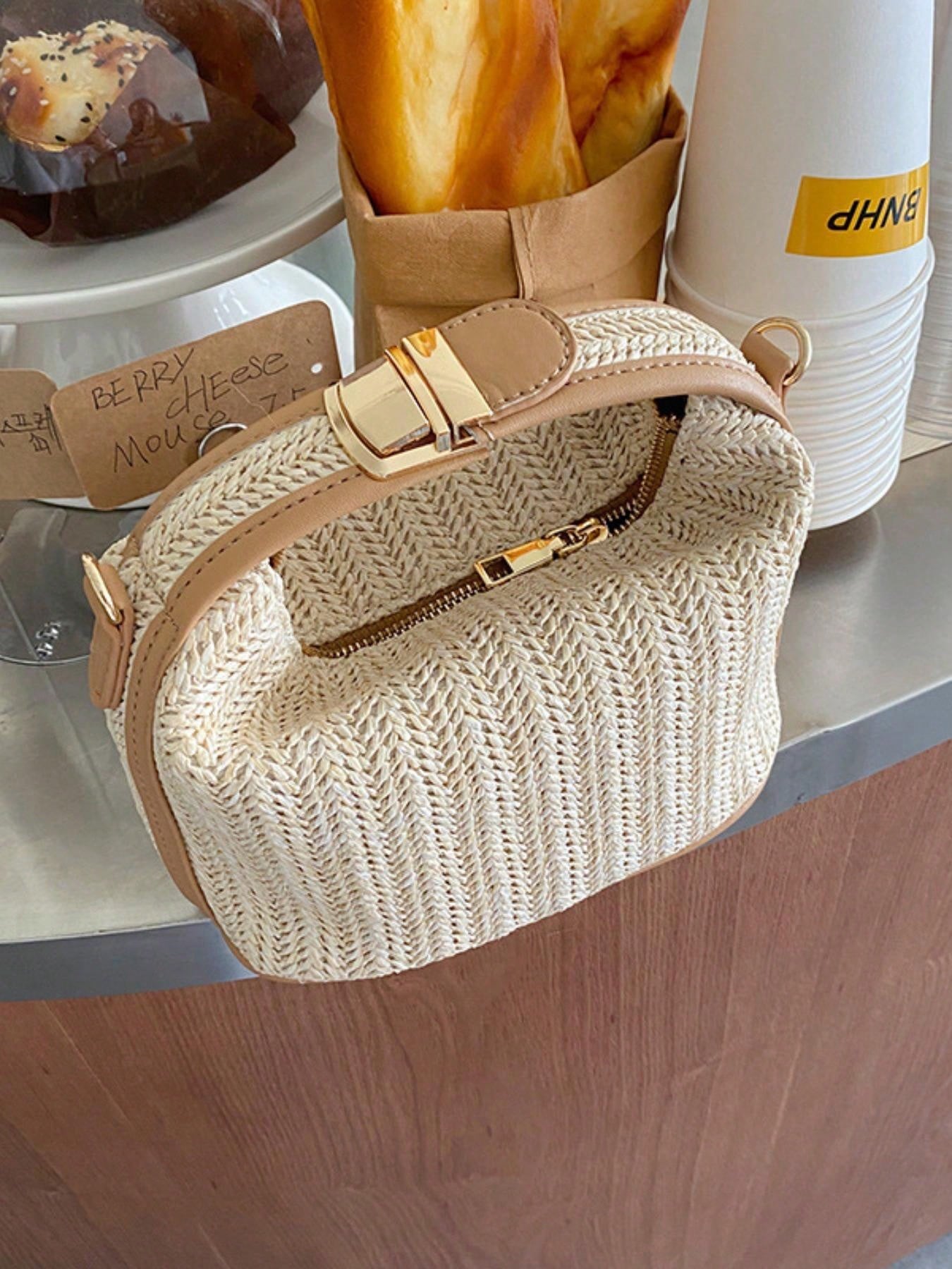 1PC Cream Herringbone Straw Woven Mini Handbag, Light Brown Leather Trim, Metal Square Buckle Flap + Built-In Zipper Compartment, Side Metal Ring For Crossbody Strap, French Vacation Style Woven Stora