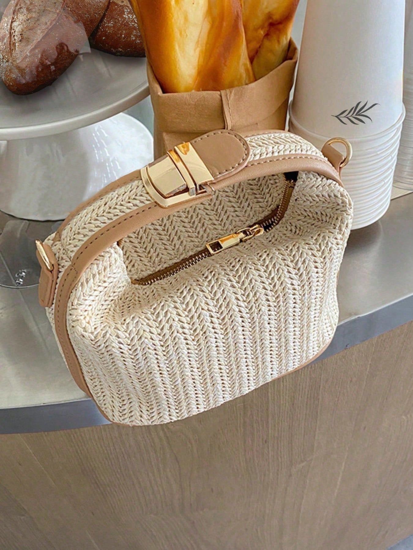 1PC Cream Herringbone Straw Woven Mini Handbag, Light Brown Leather Trim, Metal Square Buckle Flap + Built-In Zipper Compartment, Side Metal Ring For Crossbody Strap, French Vacation Style Woven Stora