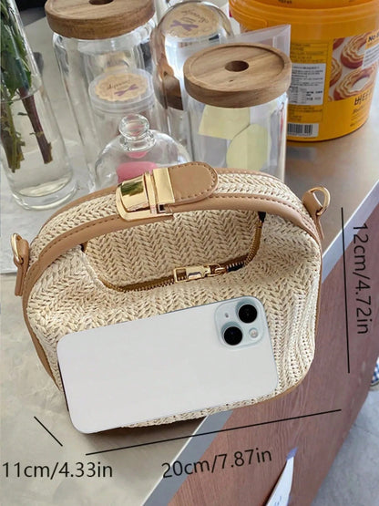 1PC Cream Herringbone Straw Woven Mini Handbag, Light Brown Leather Trim, Metal Square Buckle Flap + Built-In Zipper Compartment, Side Metal Ring For Crossbody Strap, French Vacation Style Woven Stora