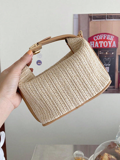 1PC Cream Herringbone Straw Woven Mini Handbag, Light Brown Leather Trim, Metal Square Buckle Flap + Built-In Zipper Compartment, Side Metal Ring For Crossbody Strap, French Vacation Style Woven Stora