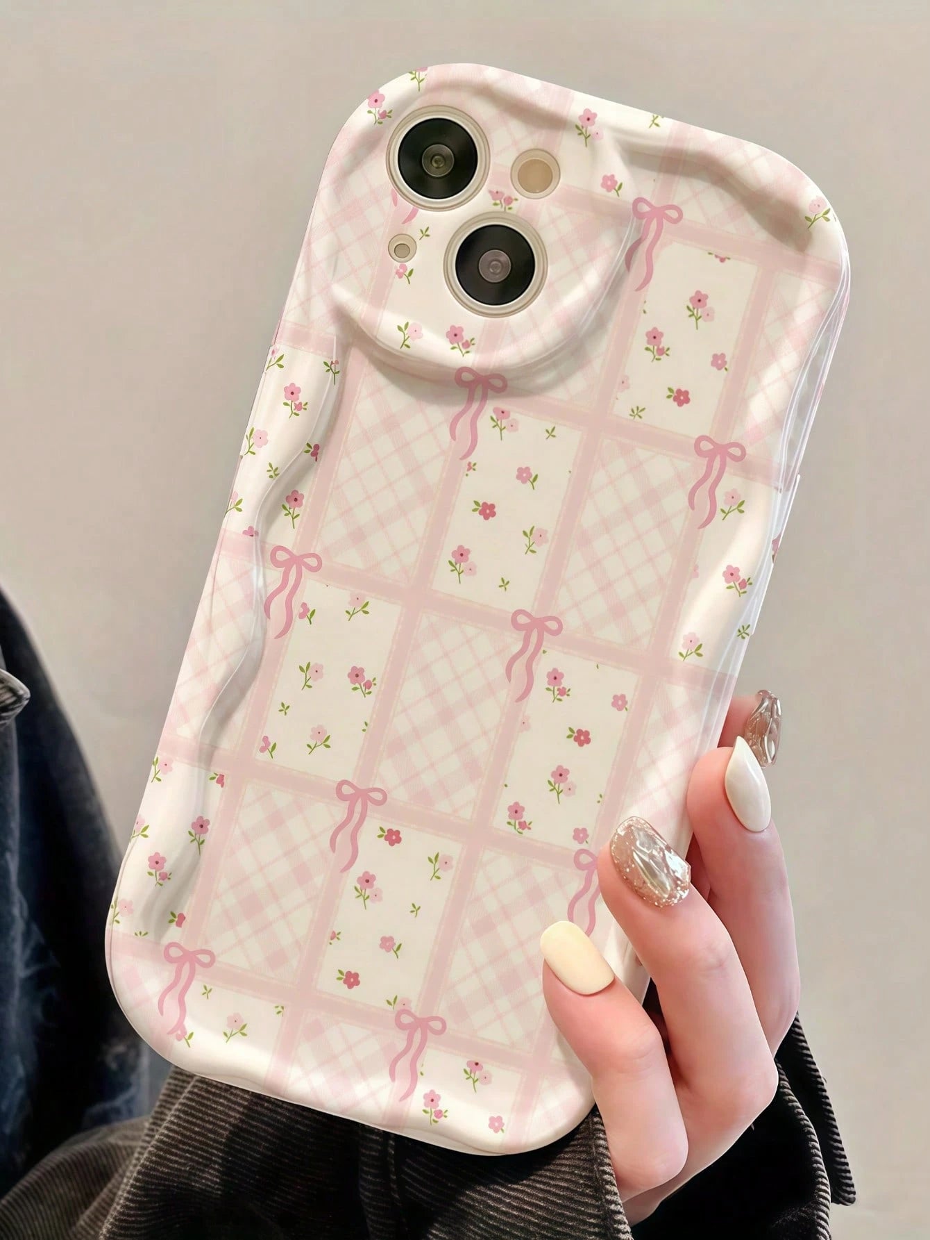 1pc Creative Pink Bow Plaid Striped Wavy Shape Screen Edge Protective Phone Case Compatible With Apple 7/8/X/XR/XSMAX/11/12/13/14/15/16/17 Pro Max, A14/A15/A16/A17/A04/A05/A06/A07/A54/A55/A56/A57/A34