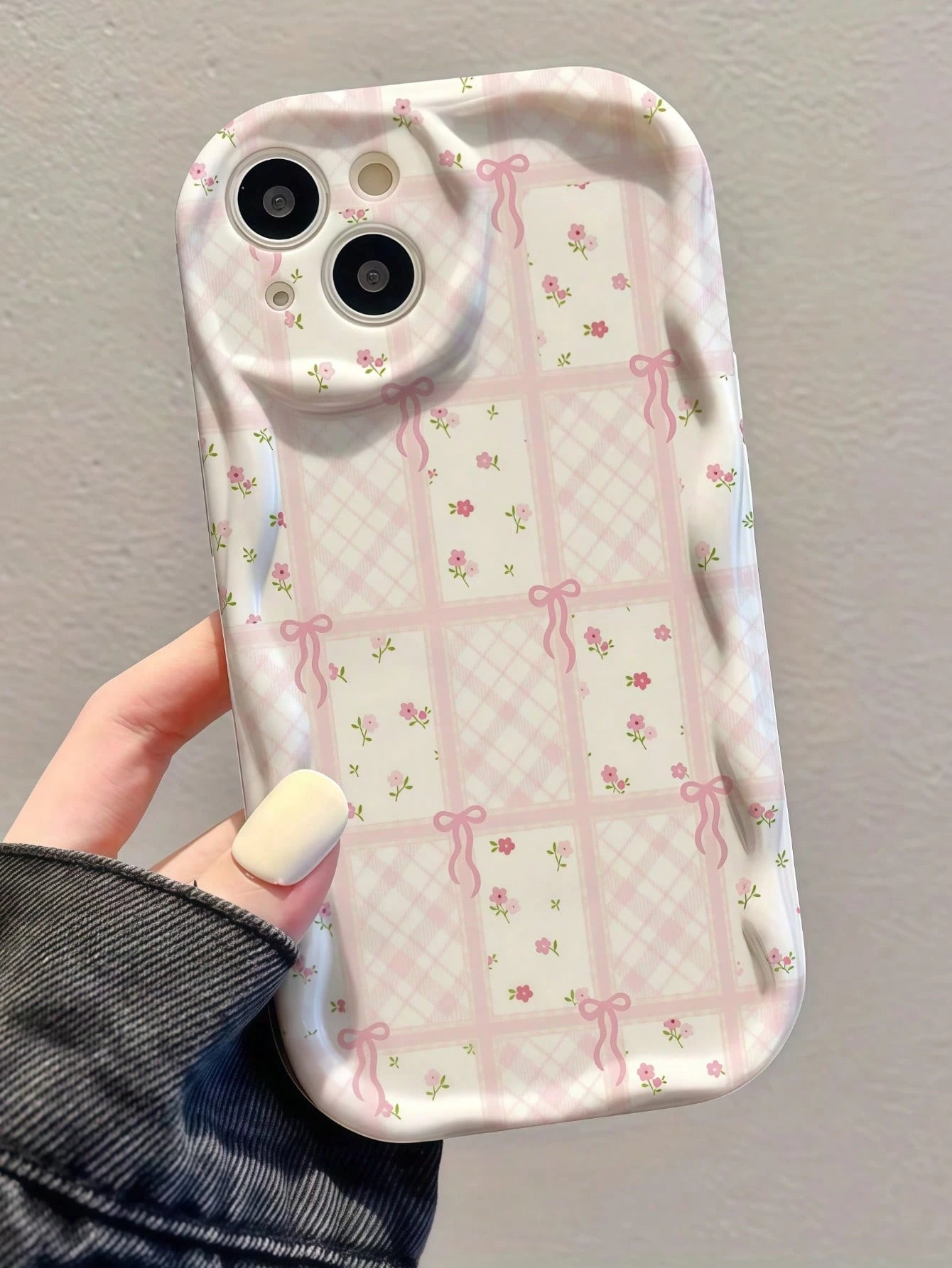 1pc Creative Pink Bow Plaid Striped Wavy Shape Screen Edge Protective Phone Case Compatible With Apple 7/8/X/XR/XSMAX/11/12/13/14/15/16/17 Pro Max, A14/A15/A16/A17/A04/A05/A06/A07/A54/A55/A56/A57/A34