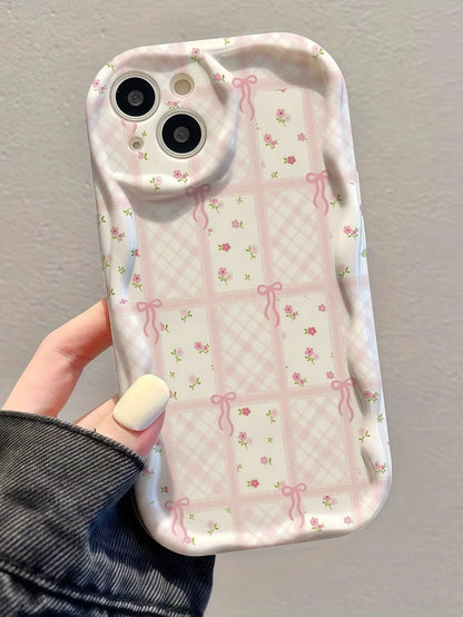 1pc Creative Pink Bow Plaid Striped Wavy Shape Screen Edge Protective Phone Case Compatible With Apple 7/8/X/XR/XSMAX/11/12/13/14/15/16/17 Pro Max, A14/A15/A16/A17/A04/A05/A06/A07/A54/A55/A56/A57/A34