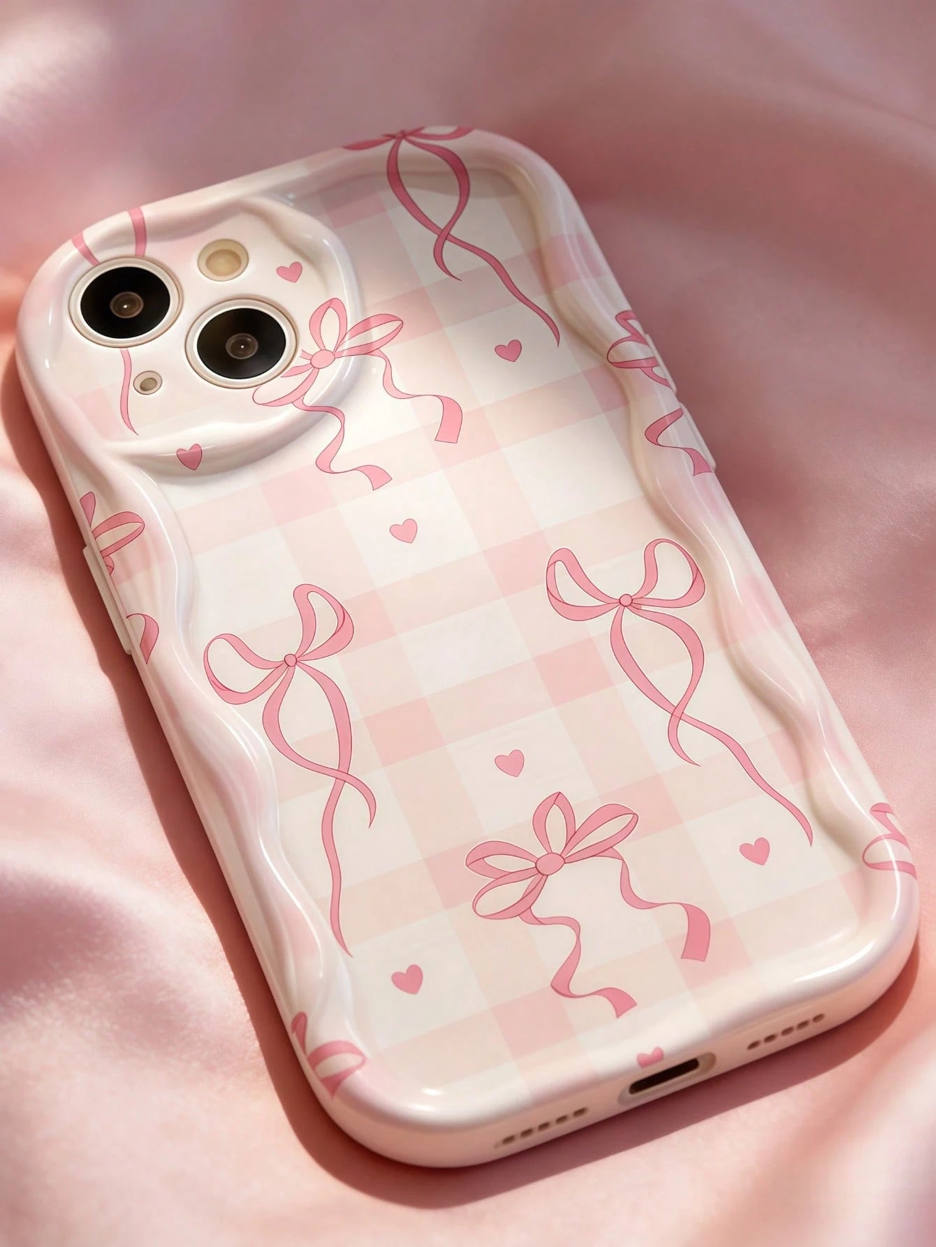1pc Creative Pink Bow Plaid Striped Wavy Shape Screen Edge Protective Phone Case Compatible With Apple 7/8/X/XR/XSMAX/11/12/13/14/15/16/17 Pro Max, A14/A15/A16/A17/A04/A05/A06/A07/A54/A55/A56/A57/A34