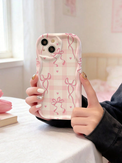 1pc Creative Pink Bow Plaid Striped Wavy Shape Screen Edge Protective Phone Case Compatible With Apple 7/8/X/XR/XSMAX/11/12/13/14/15/16/17 Pro Max, A14/A15/A16/A17/A04/A05/A06/A07/A54/A55/A56/A57/A34