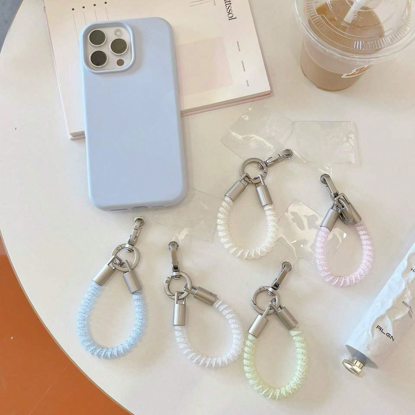 1pc Creative Short Coiled Phone Lanyard Elastic Anti-Loss Anti-Drop Hanging Rope Keychain Earphone Pendant Bag Charm