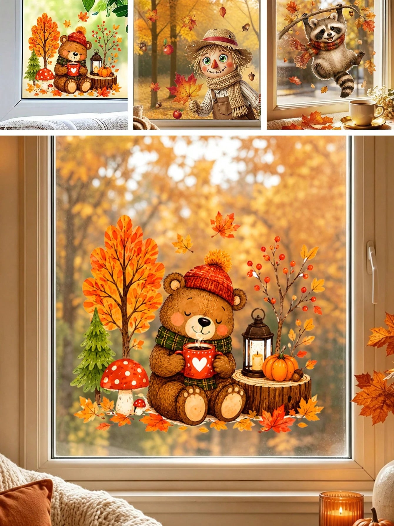 1pc Cute Autumn Bear Maple Static Cling Window Sticker, Reusable Glass Sticker, Harvest Decor For Kids Room Thanksgiving Window Ornament