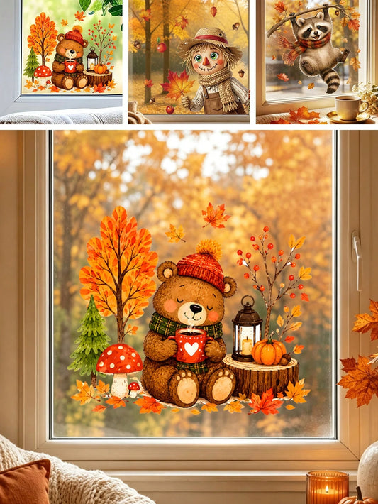 1pc Cute Autumn Bear Maple Static Cling Window Sticker, Reusable Glass Sticker, Harvest Decor For Kids Room Thanksgiving Window Ornament