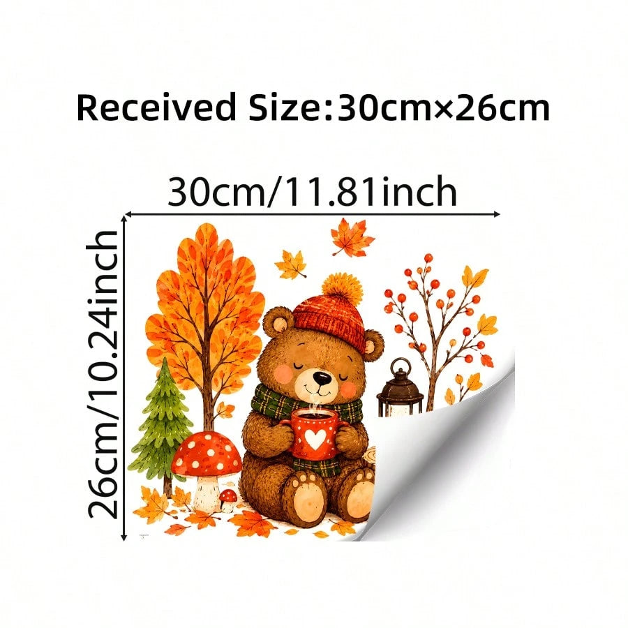 1pc Cute Autumn Bear Maple Static Cling Window Sticker, Reusable Glass Sticker, Harvest Decor For Kids Room Thanksgiving Window Ornament