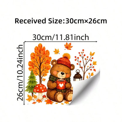 1pc Cute Autumn Bear Maple Static Cling Window Sticker, Reusable Glass Sticker, Harvest Decor For Kids Room Thanksgiving Window Ornament