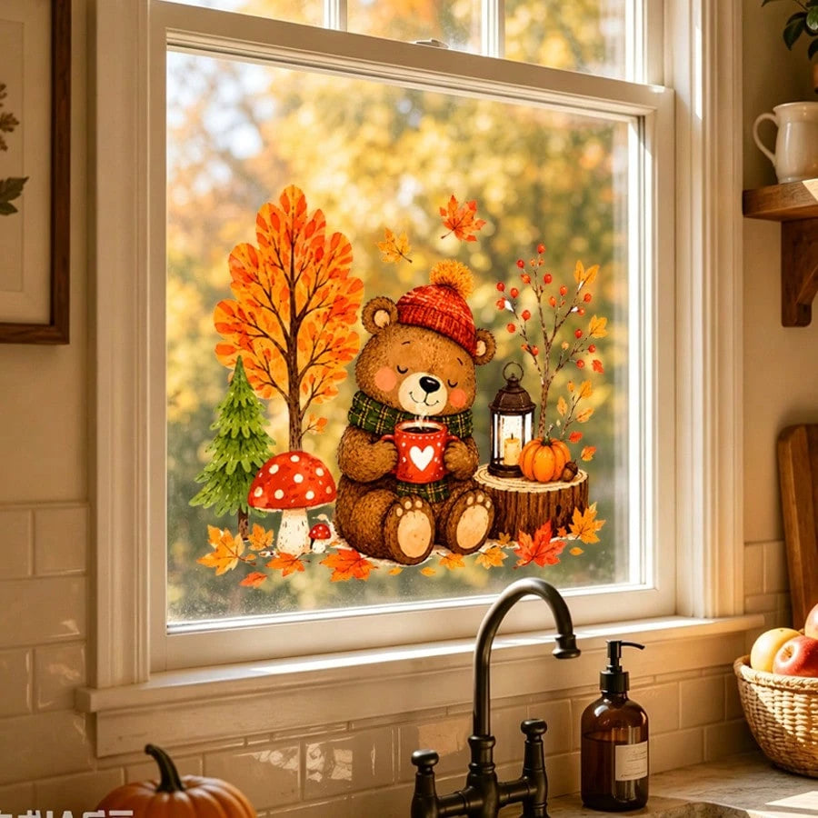 1pc Cute Autumn Bear Maple Static Cling Window Sticker, Reusable Glass Sticker, Harvest Decor For Kids Room Thanksgiving Window Ornament