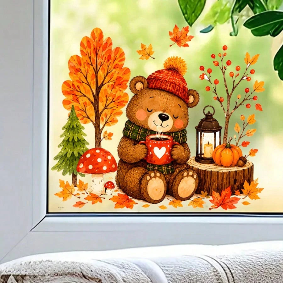 1pc Cute Autumn Bear Maple Static Cling Window Sticker, Reusable Glass Sticker, Harvest Decor For Kids Room Thanksgiving Window Ornament